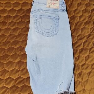 True Religion Light Blue Distressed Denim Shorts